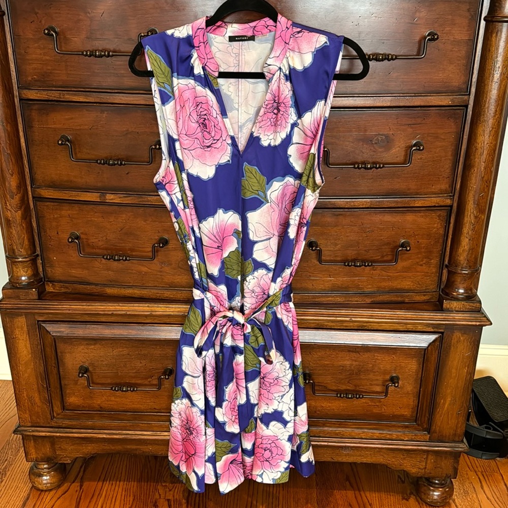 Natori Garden Large Blossom Mandarin Dress Purple Pink Floral Sleeveless. EUC